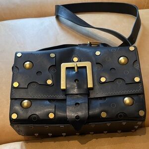 Valentino Black Leather Shoulder Bag with Gold Accents